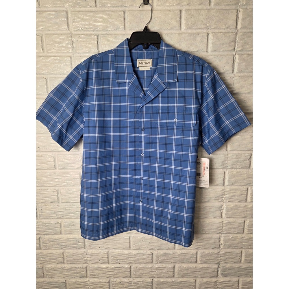 Marmot Mens Large Arex UPF40 Camp Nvty SS Rain Cloud Windowpane Button Shirt NWT